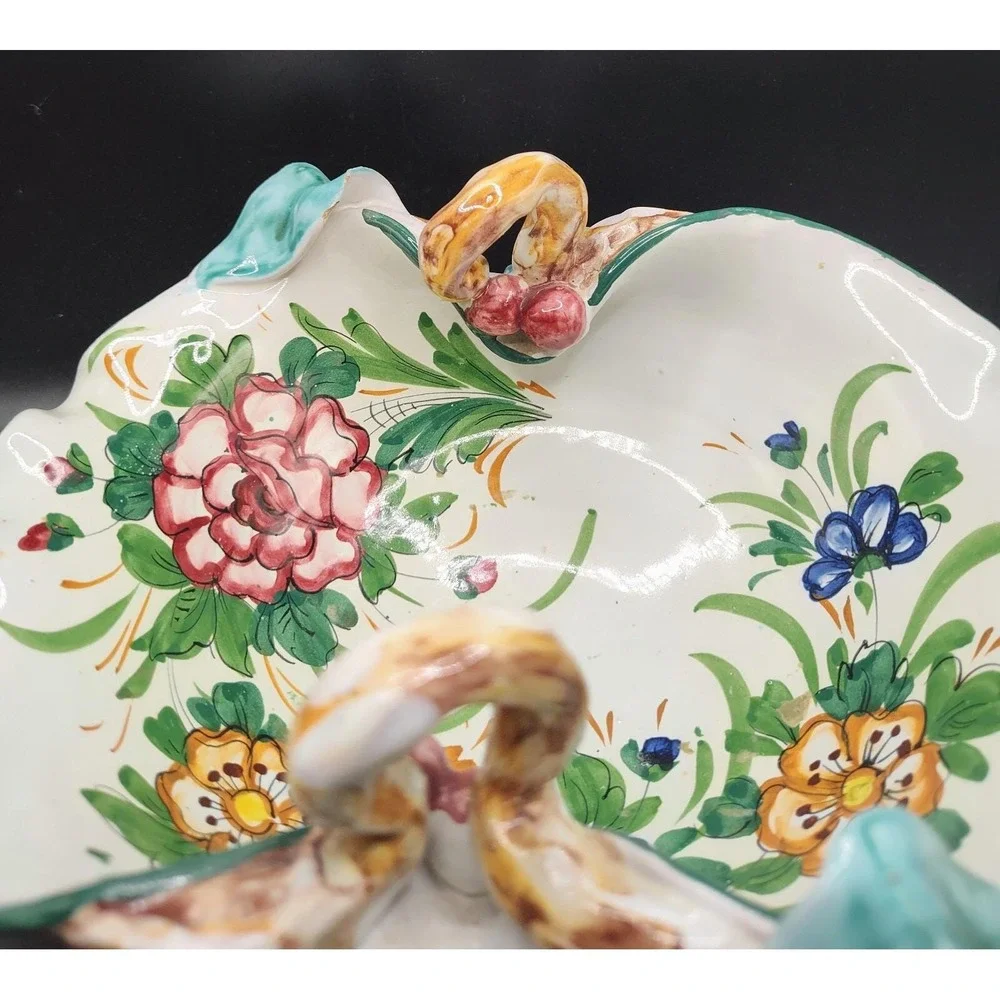 Vintage Italian Pottery Ceramic Basket Hand Painted Floral Flowers 9.5